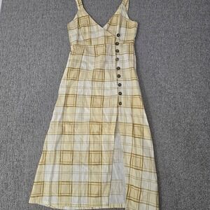 Jen's Pirate Booty Linen Blend Plaid Midi Dress Button Slit Boho Cottagecore S